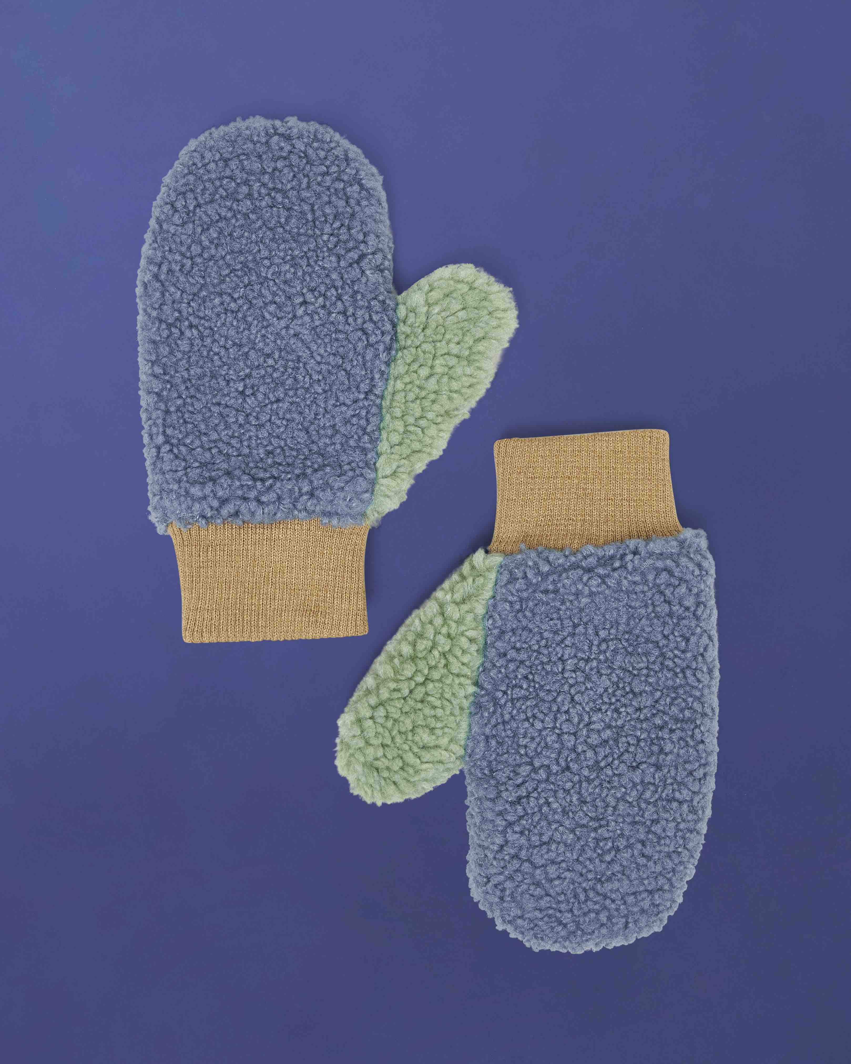 Fleece Mittens - Blue/Beige
